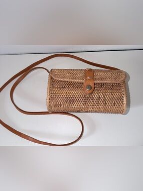 Street Level Woven Straw Crossbody Bag with Brown Leather Trim